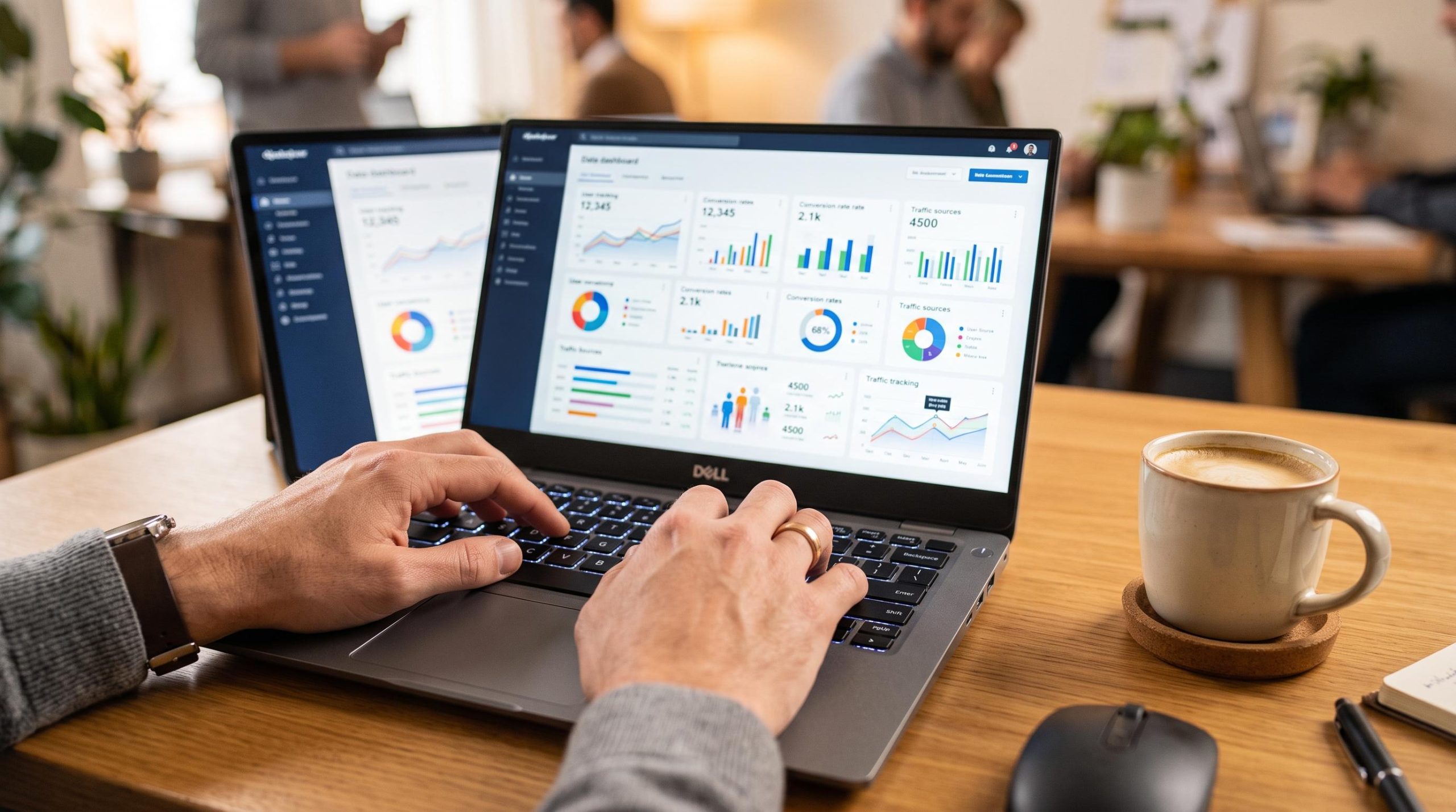 Primeiro plano de mãos digitando em um teclado de notebook com links de rastreamento e métricas na tela, acompanhado de uma xícara de café ao lado, em