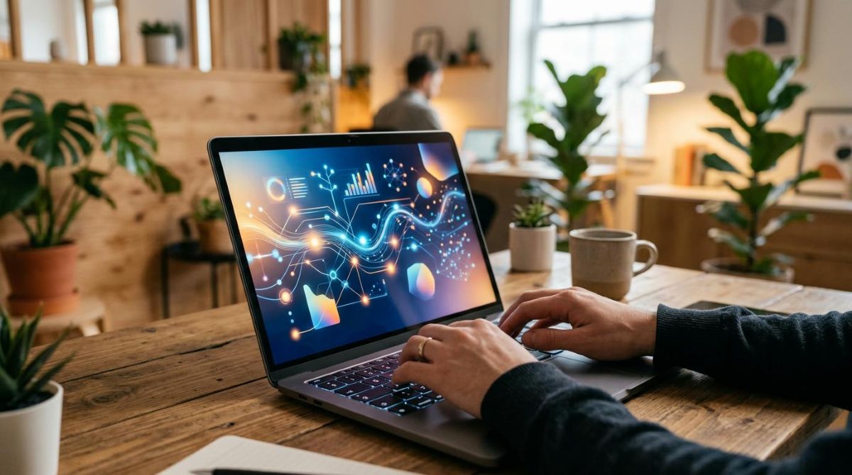 Mãos digitando em um teclado de laptop com elementos de rastreamento digital e gráficos abstratos visíveis na tela
