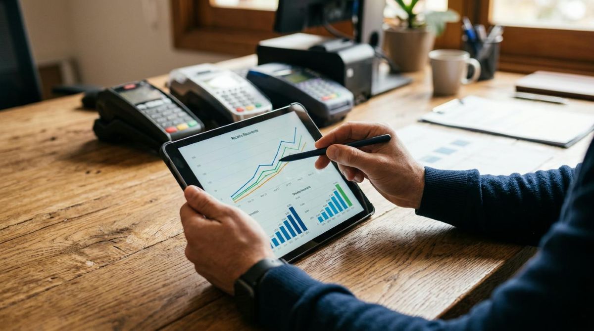 Mãos de um profissional analisando gráficos de crescimento em um tablet sobre uma mesa de madeira, com terminais de pagamento