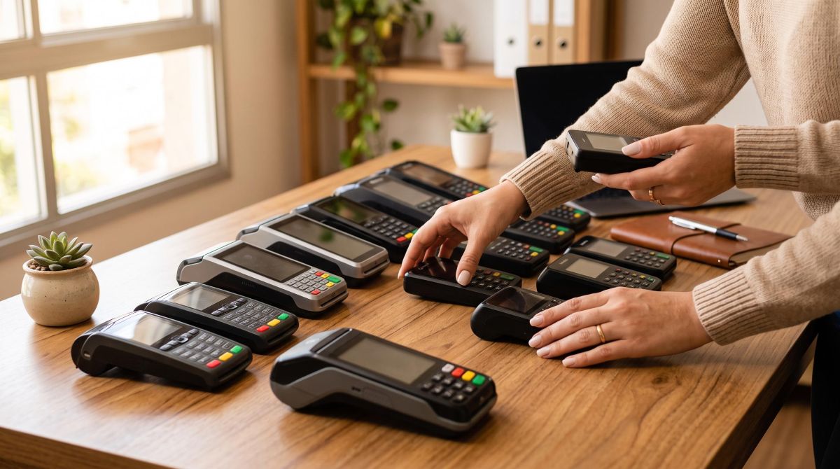 Mãos organizando várias maquininhas de cartão modernas em uma mesa de trabalho, representando o modelo de revenda com estoque e a gestão