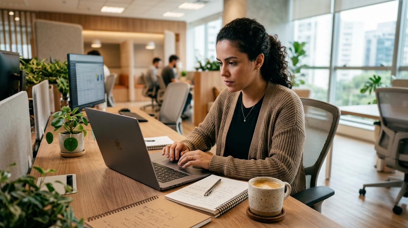 Revendedora de tecnologia concentrada analisando chamados de suporte técnico em um notebook sobre mesa de trabalho organizada, com caderno de anotaçõe 