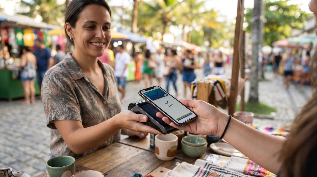 Pessoa aproximando cartão contactless na parte superior de um iPhone para realizar pagamento por aproximação