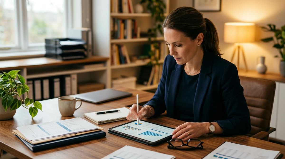 Profissional analisando documentos financeiros e dados em uma tela de tablet sobre uma mesa de escritório organizada, representando verificação