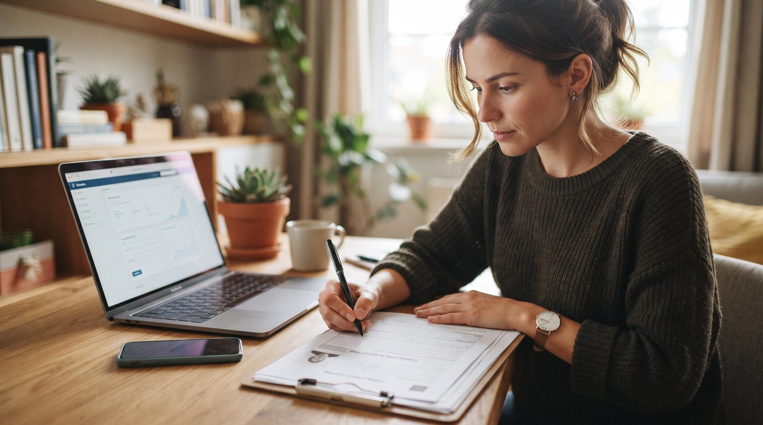 Uma pessoa adulta preenche documentos de identificação em uma mesa limpa com um notebook aberto e um celular ao lado, em um ambiente doméstico